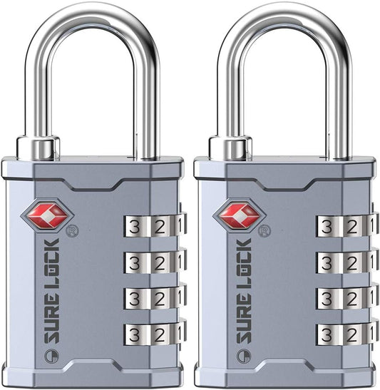 SURE LOCK TSA Accepted Combination Luggage Padlock for Gun Cases, Transporting Equipment Cases in Trade Show, Music and Medical Industries (2, Silver)
