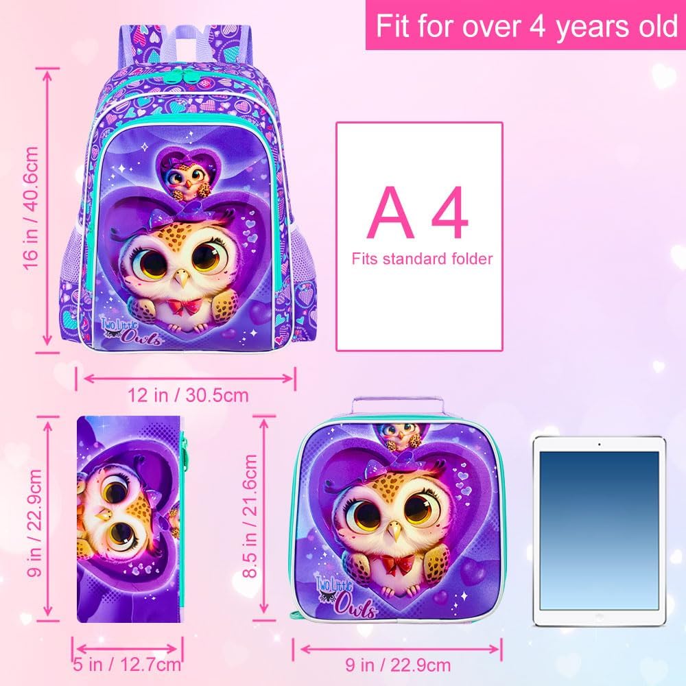 3PCS Girls Backpack, Kids Water Resistant Heart Bookbag Set with Lunch Box, Cute Kids School Bag