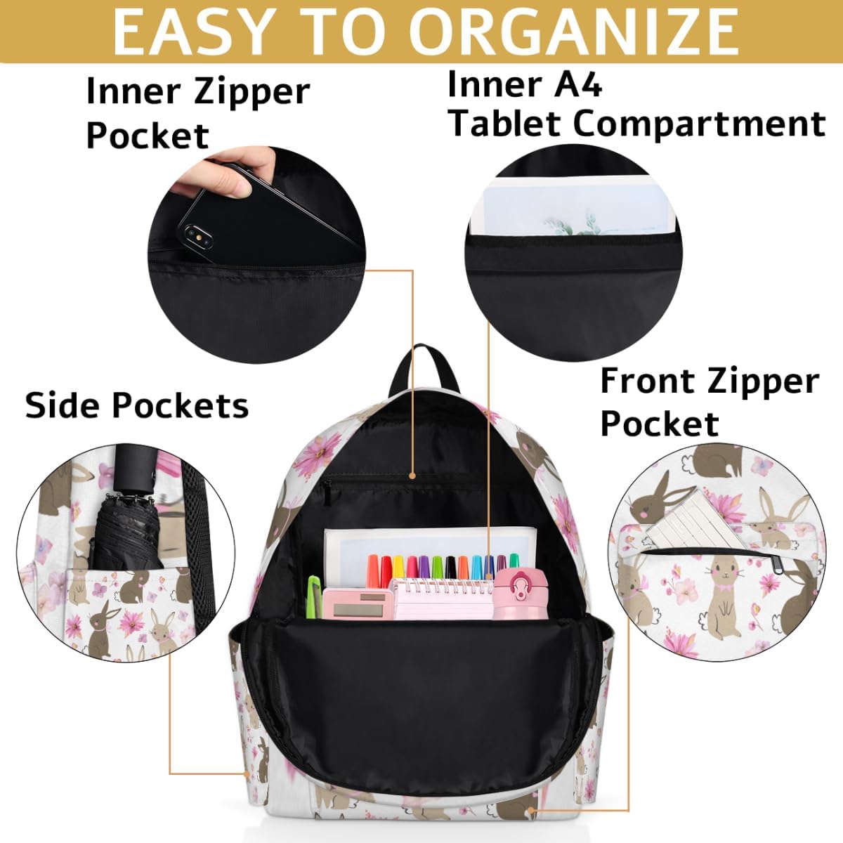 Easter Bunny Kids Backpack for Boys Girls Rabbit Flower Preschool Toddler Backpack Kindergarten Nursery Bookbag Travel Children Lightweight School Bag