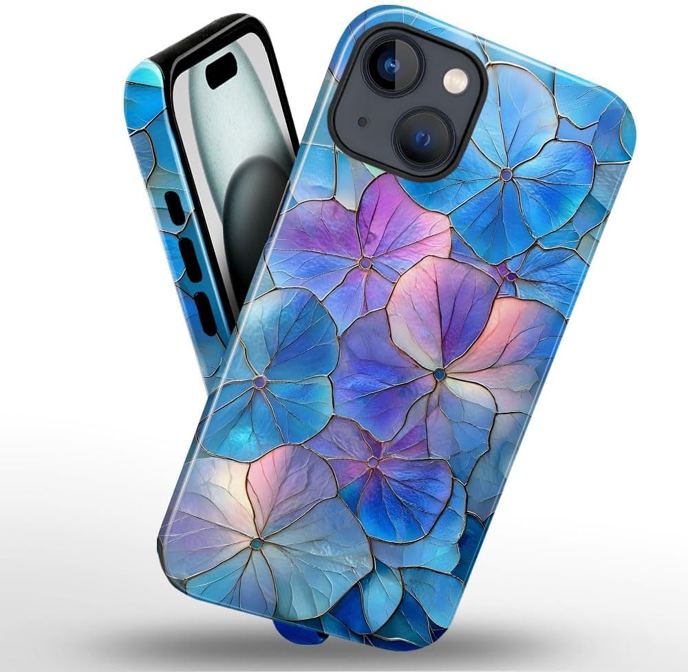 Case for iPhone 14 Plus - Slim Fit Anti-Scratch Phone Case for Girl Women - Blue Hydrangea Floral Stained Glass Aesthetic (Glossy)