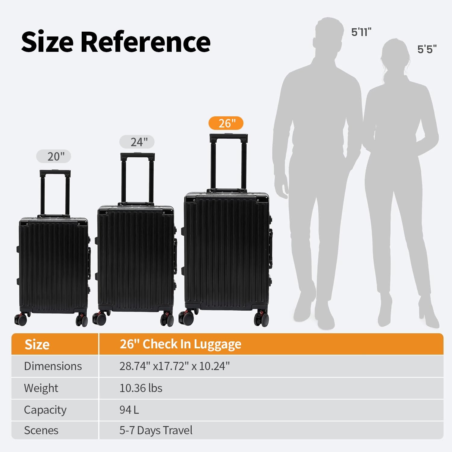 26 Inch Checked Luggage with Spinner Wheels, No Zipper Aluminum Frame Hard Shell Suitcases with TSA