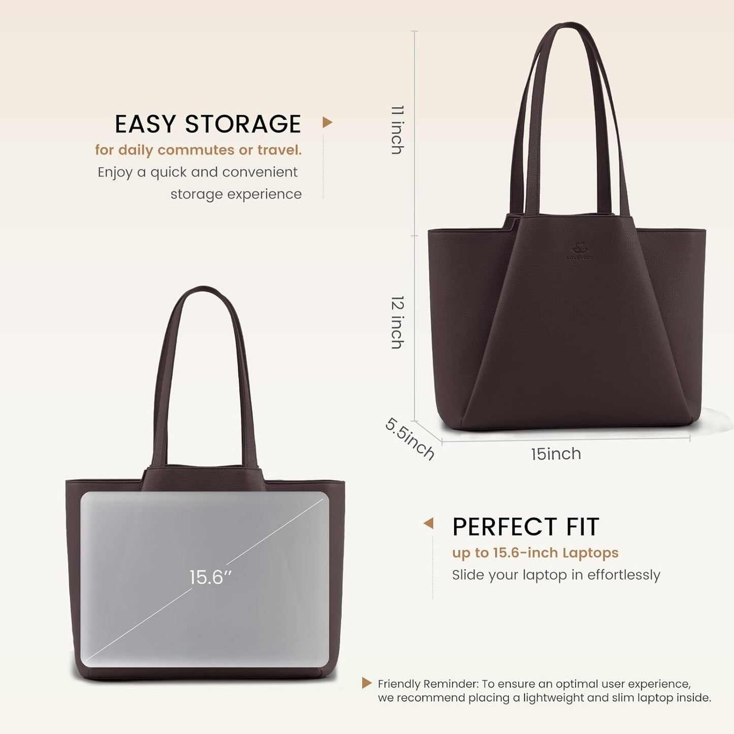 LOVEVOOK Laptop Tote Bag for Women - 15.6 Inch Faux Leather Work Tote Bag For women with Clutch, Large Capacity Office Purse for Casual Business Travel, Coffee