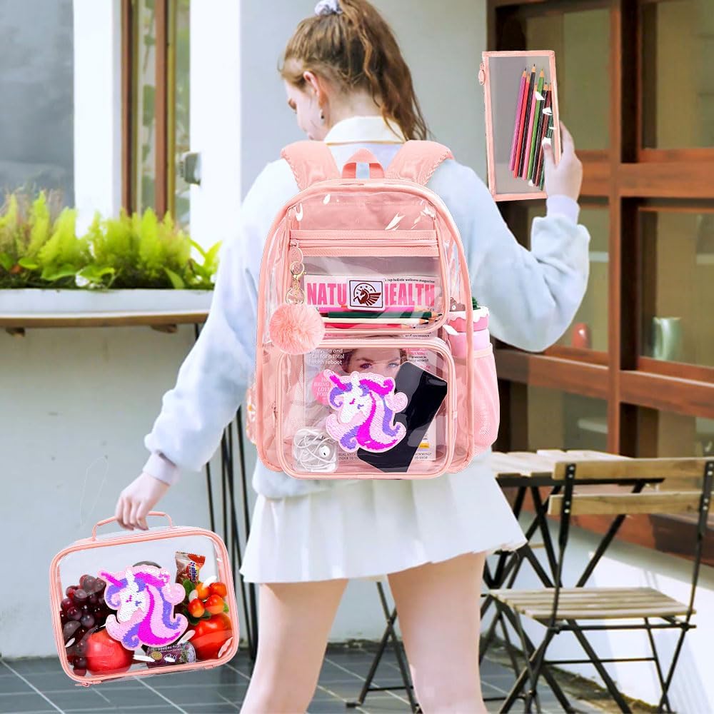 Clear Backpack for Girls and Boys, Kids Transparent Bookbag, 3PCS Cute See Through School Bag for Elementary Prechool
