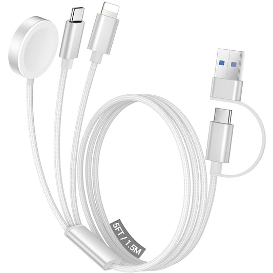 Temdan for Travel Vacation Essentials,3 in 2 USB C Cable for Apple Watch Charger/iPhone 17 Charger/Lightning,Multi Charging Cable Cord,Camping Essentials,Designed for iWatch &iPhone 16-12-5FT White