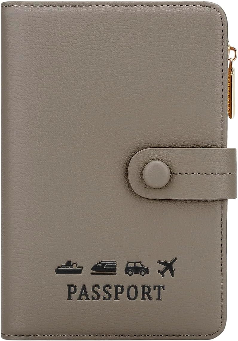 DOB SECHS Passport Holder Wallet for Women, Leather RFID Blocking Passport Cover Credit Cards Case Women Travel Accessories Organizer Pouch Bag with ID Window+Zippered Cash Pocket+SIM Slots, Grey