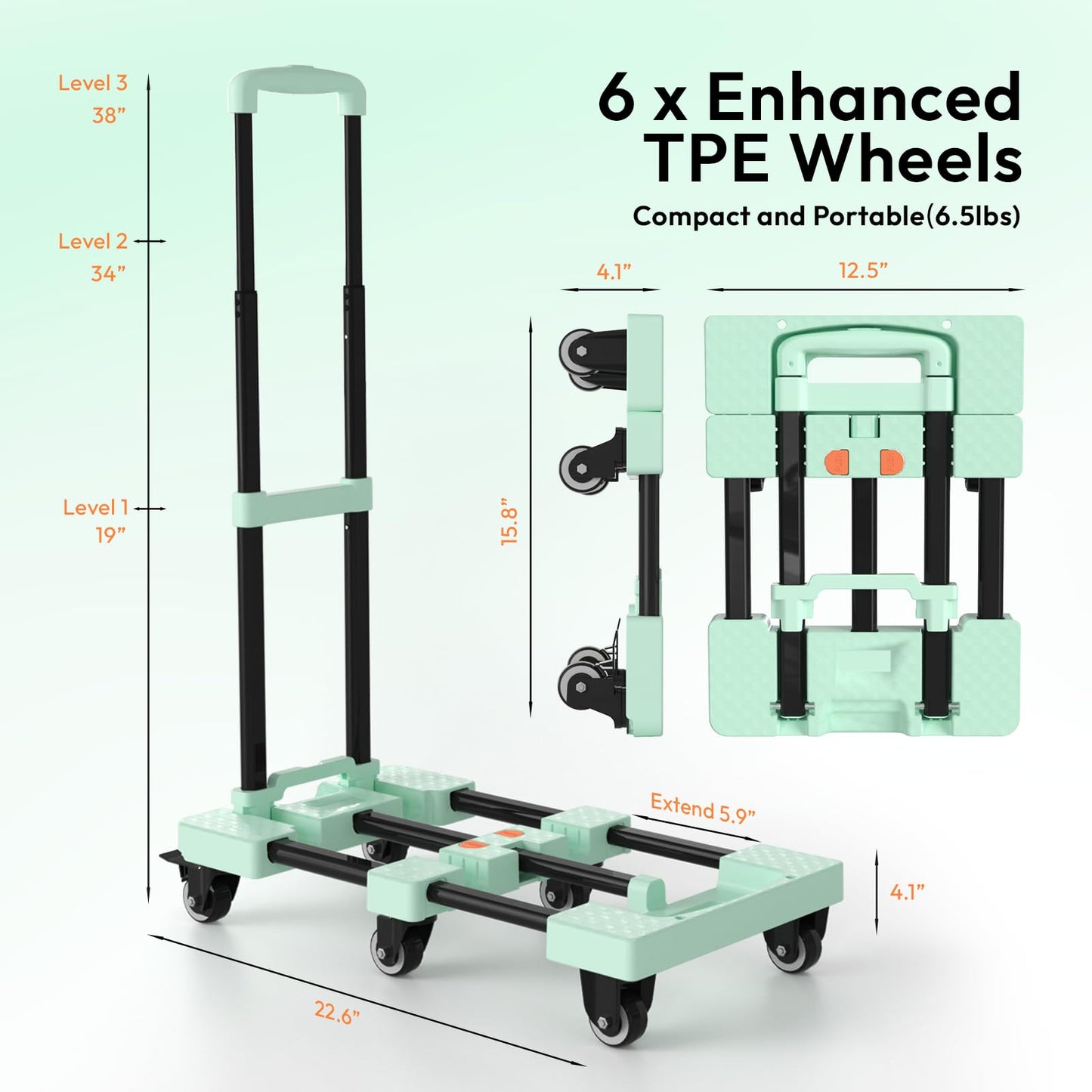 Voipvvii Folding Hand Truck 500lbs, Portable Heavy Duty Dolly Cart, 6 Wheels Collapsible Luggage