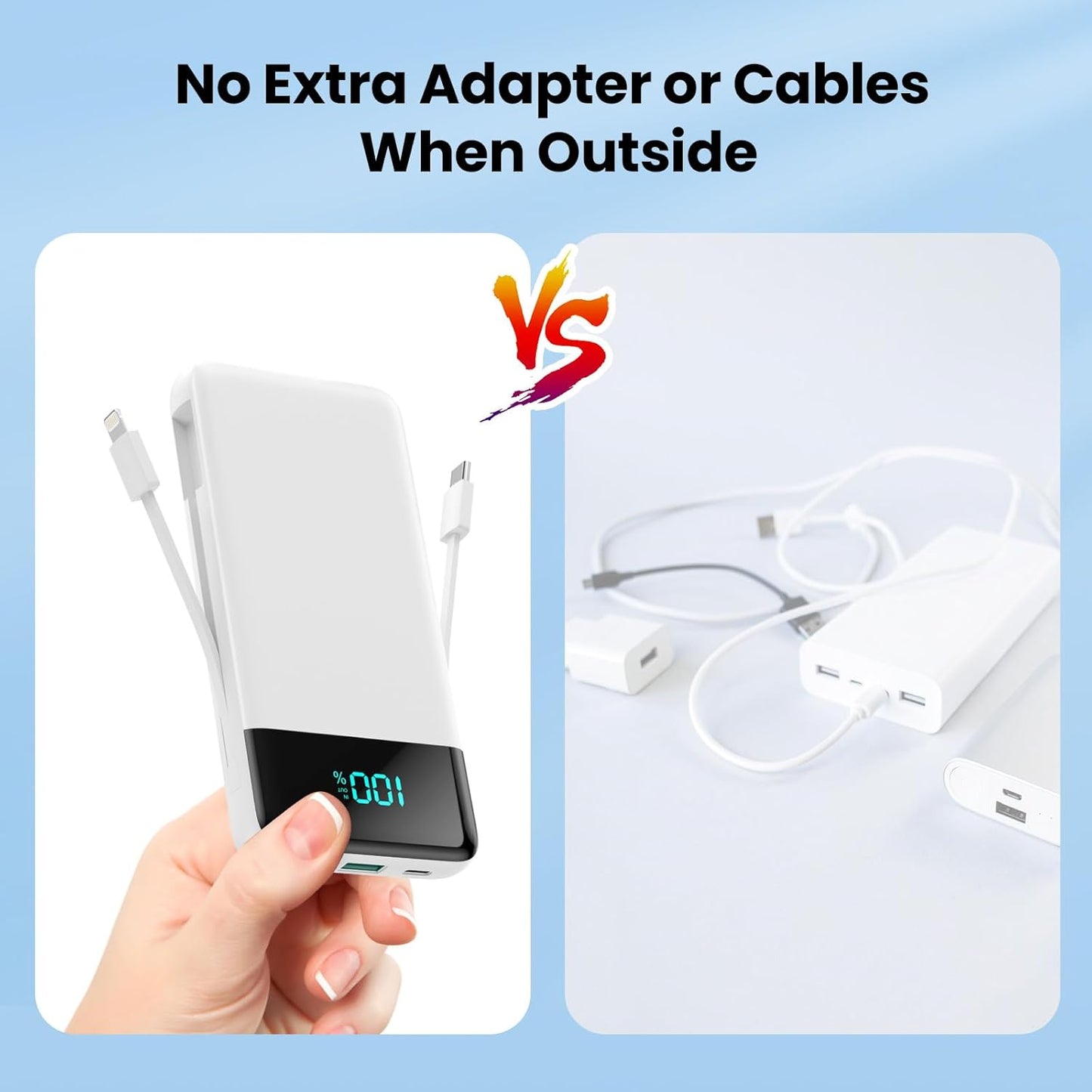 YHO Portable Charger 13800mAh for iPhone with Built-in Cables & AC Wall Plug,5-in-1 USB-C Power Bank,LCD Display External Battery Pack Phone Charger Compatible with iPhone 16/15/14,Android (White)