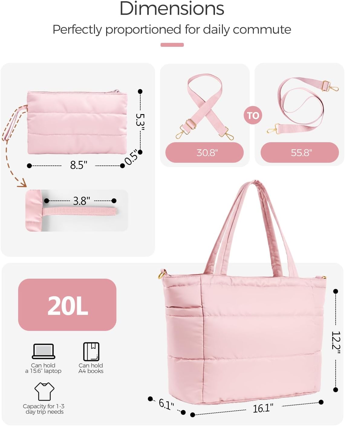 Puffer Tote Bag for Women, Lightweight Quilted Work Purse with Phone Pocket Fits 15.6" Laptop for Nurse Teacher Travel