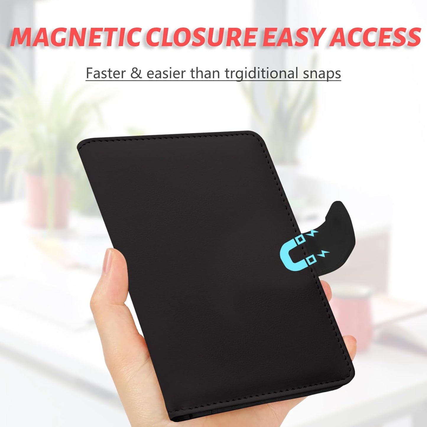 Passport Holder, Travel Wallet Cover with Pen Loop | Cute RFID Blocking Leather Case with Magnetic Closure for Travel Essentials-Black