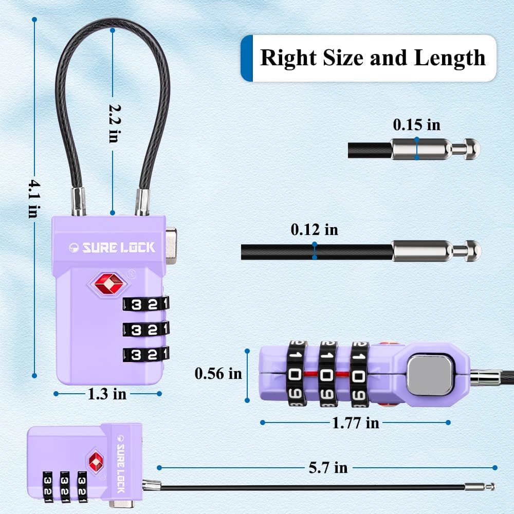 SURE LOCK TSA Approved 3-Digit Combination Luggage Locks – Open Alert Indicator, Re-settable Code with Zinc Alloy Body, Easy-Read Dials for Suitcase, Backpack, Gym Locker & Toolbox (Multiple Colors)
