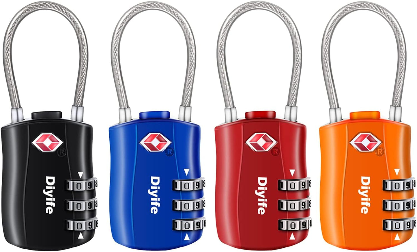 Diyife TSA Approved Locks 4 Pack, Keyless Cable Suitcase Locks, Zinc Alloy, 3 Digit Combination Locks for Travel, Bags, Backpack, Baggage, Black, Blue, Red, Orange