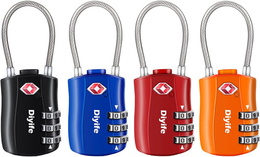 Diyife TSA Approved Locks 4 Pack, Keyless Cable Suitcase Locks, Zinc Alloy, 3 Digit Combination Locks for Travel, Bags, Backpack, Baggage, Black, Blue, Red, Orange