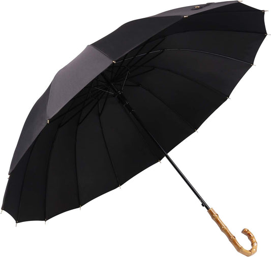 ThreeH Bamboo Black Umbrella for Rain Auto Open Solid Color Fashionable and Simple 190T 16 Ribs,KS08