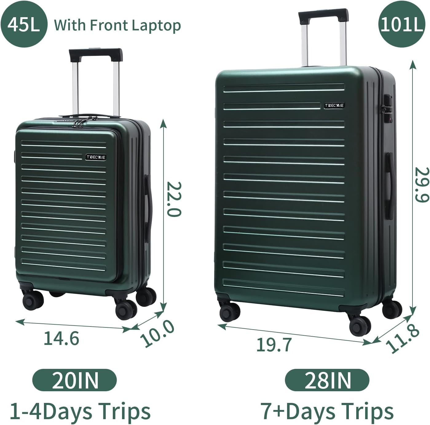2 Piece 20/28" Luggage Sets, Only 20 Inch with Front Laptop Pocket, Lightweight ABS+PC Suitcase Hardshell Carry Ons with TSA Lock & Spinner Silent Wheels, Convenient for Trips, Dark Green