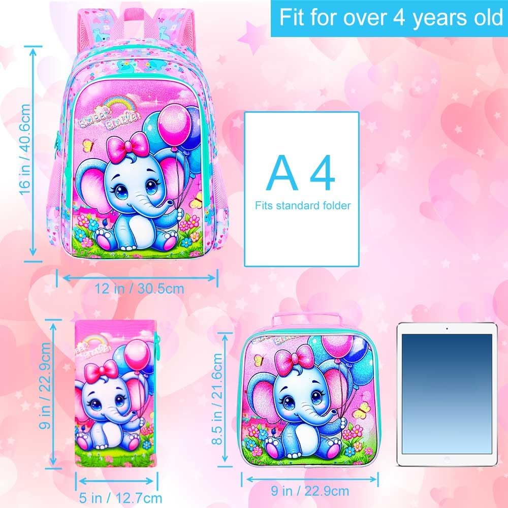 CCJPX 3PCS Backpack for Girls, 16”Elephant Bookbag with Lunch Box, Kids Water Resistant Elementary