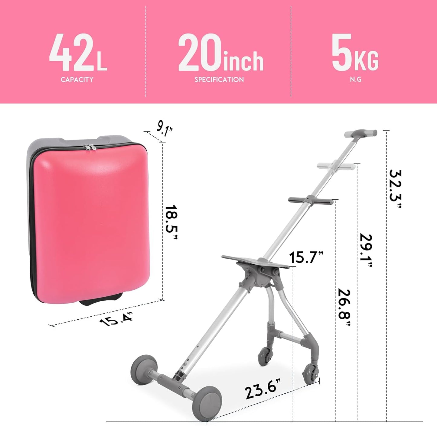 3-in-1 Carry On Luggage with Removable Cart | 20” Hardside Suitcase, Detachable Travel Tote & Foldable Utility Cart with 3 Adjustable Heights | for Adults, Kids, Shopping & Travel | 42L, 5KG (Pink)