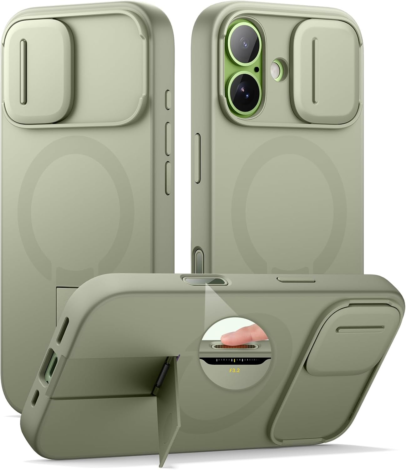 SURITCH for iPhone 17 Case with Camera Control Cover, Camera Slide Cover and Adjustable Kickstand, Compatible with MagSafe, Shockproof Bumper Protective Cases 6.3 Inch, Green
