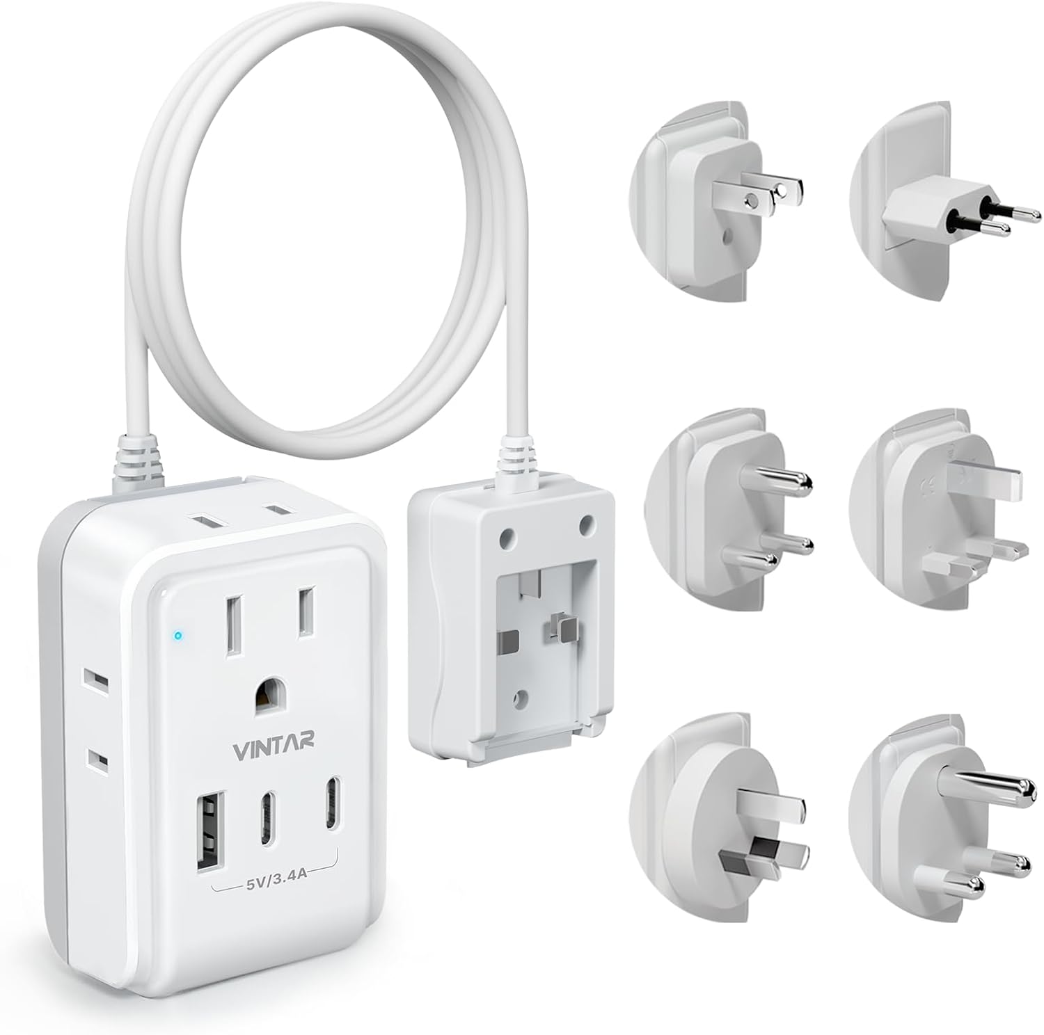 VINTAR Universal Travel Adapter Kit, 3ft Detachable Extension Cord with 4 AC Outlets & 3 USB(2 USB