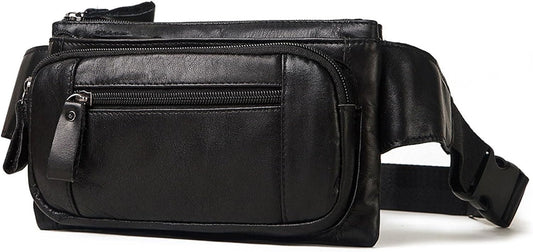 Mens Genuine Leather Waist Pack Fanny Pack Multi Pocket Crossbody Bag Adjustable Strap for Travel Outdoor (Black)