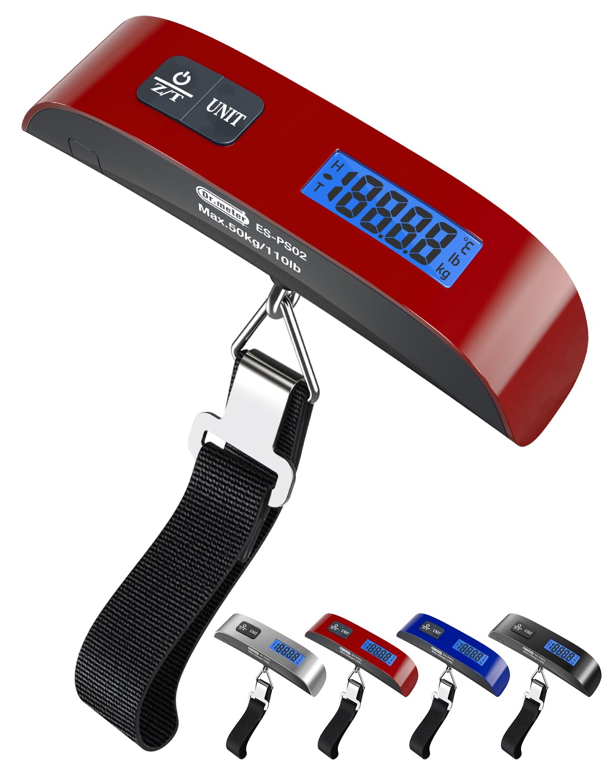 Luggage Scale, Dr.meter Luggage Weight Scale Backlight LCD Display PS02 110lb/50kg Electronic Balance Digital Postal Travel Accessories with Rubber Paint Handle Temperature Sensor, Red
