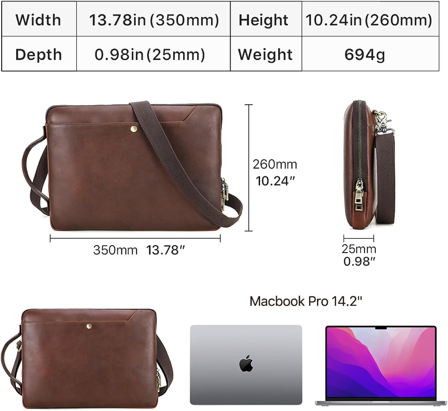 Top Grain Leather 14.2" Slim Laptop Bag Case, Handmade, Adjustable Strap & 2 Pockets, Compatible