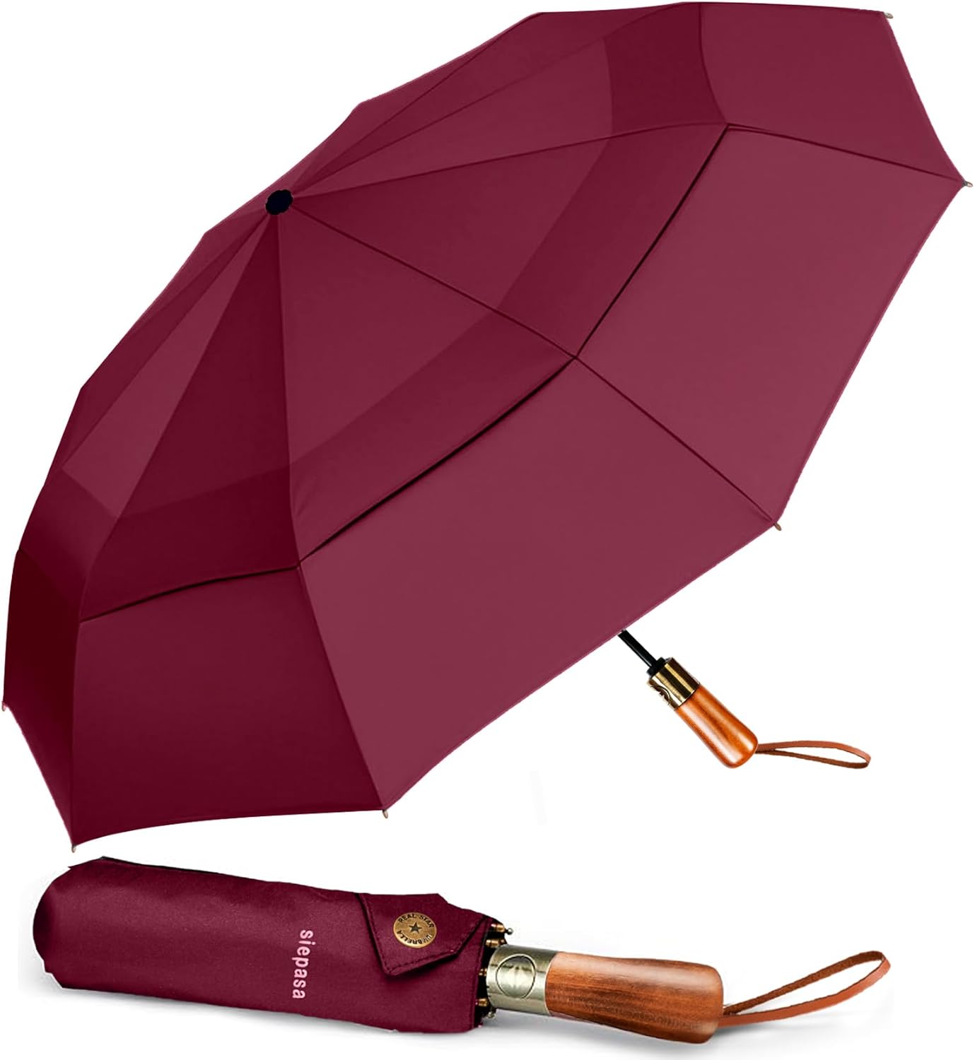 SIEPASA 49/54/62 Inch Windproof Golf Umbrella - Automatic Open/Close, Real Wood Handle - Large Folding Travel Umbrella for Wind, Rain & Sun Protection.