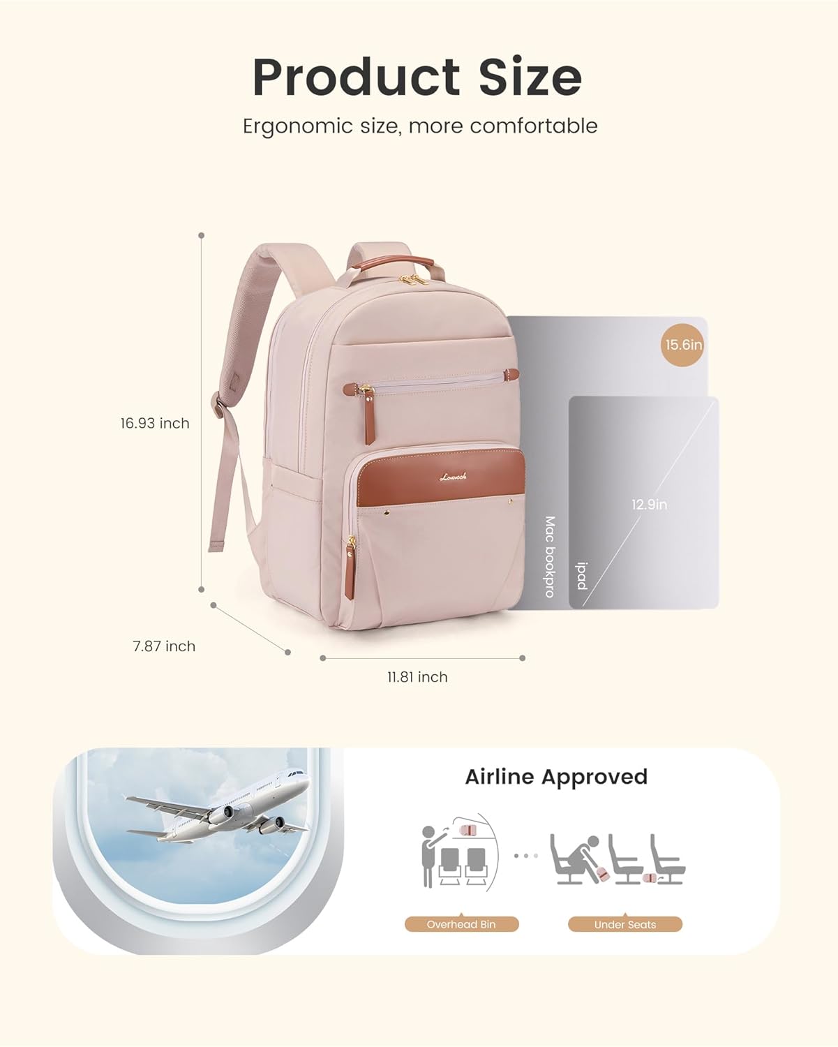 LOVEVOOK Laptop Backpack for Women, 15.6" Work Backpack Purse, Travel Personal Item Bag, Carry On Business Computer Bag, Casual Daypack for Office, School, or Gift, Apricot Brown