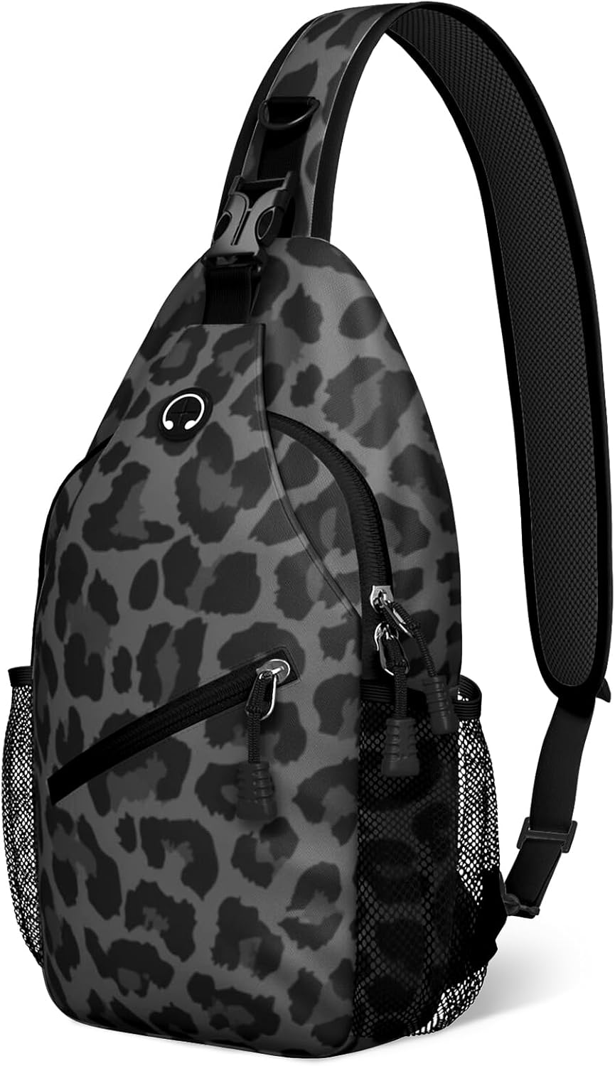 Black Leopard Print Sling Bag Crossbody Chest Bag for Women Men, Water Resistant Lightweight Casual