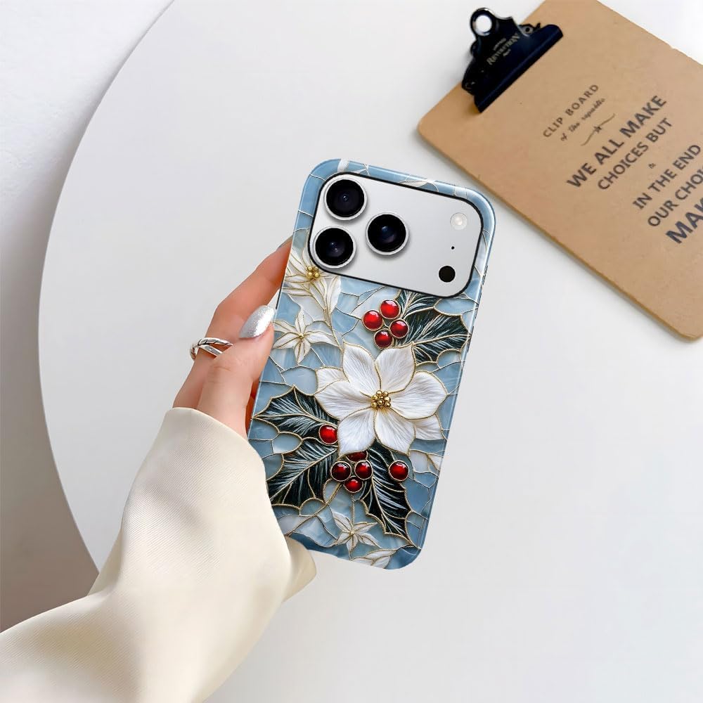 Case for iPhone 17 Pro - Slim Fit Anti-Scratch Phone Case for Girl Women - Christmas Holly Elegant Winter Floral (Glossy)