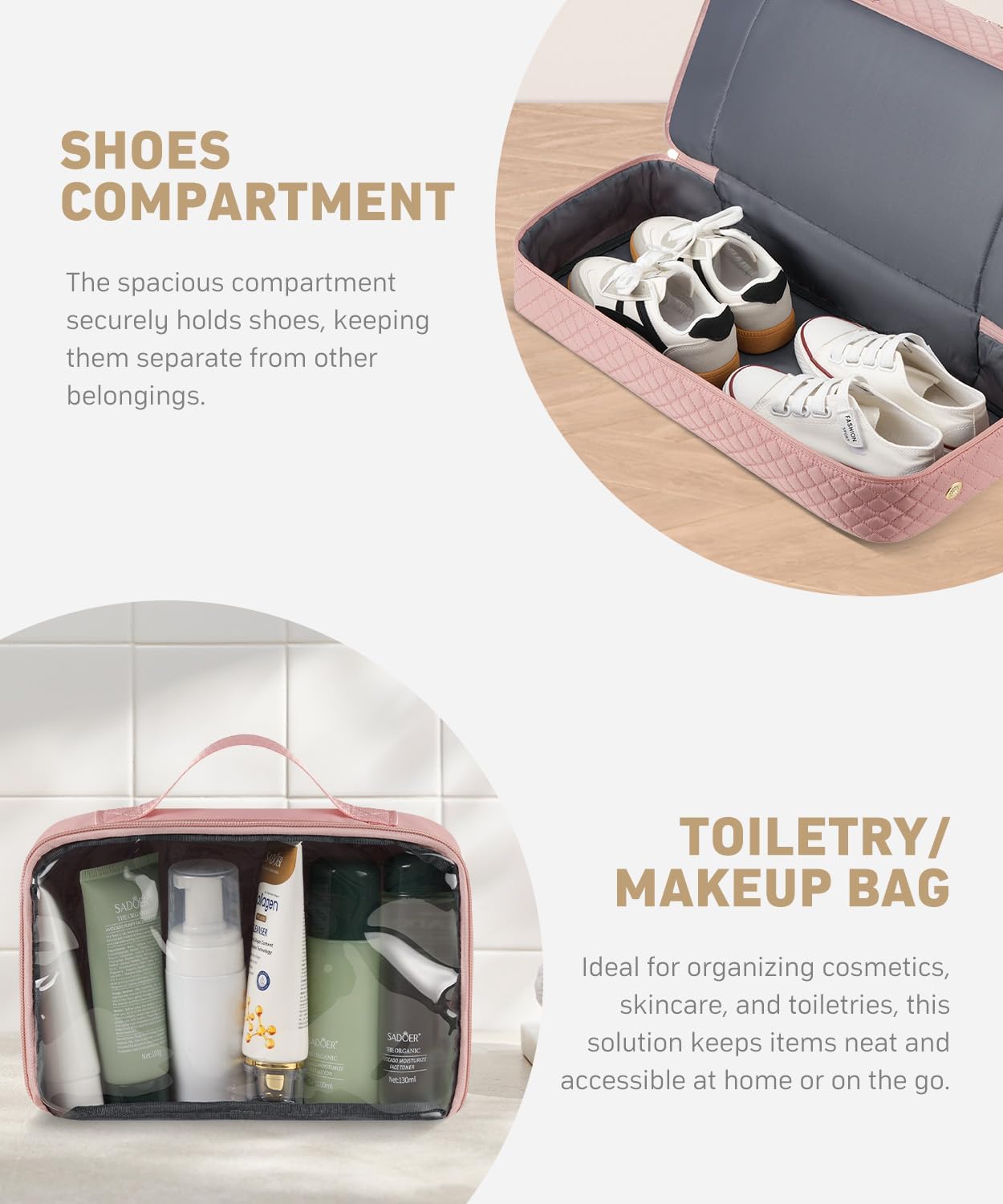 Duffle Bag for Travel, Weekender Bag with Shoe Compartment, Carry On Overnight Bag for Women with Toiletry Bag Duffel Bags with Wet Pocket for Gym Hospital Bags for Labor and Delivery Pink