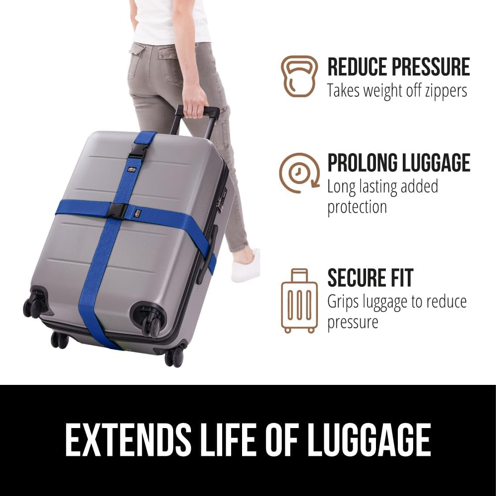 GORILLA GRIP Heavy Duty 8 Pack Adjustable Luggage Straps for Suitcases, Easy to Identify Travel Belt Connector Holds Suitcase Together, Extends Life of Bag, Strap Connects Two Bags, Accessories Blue