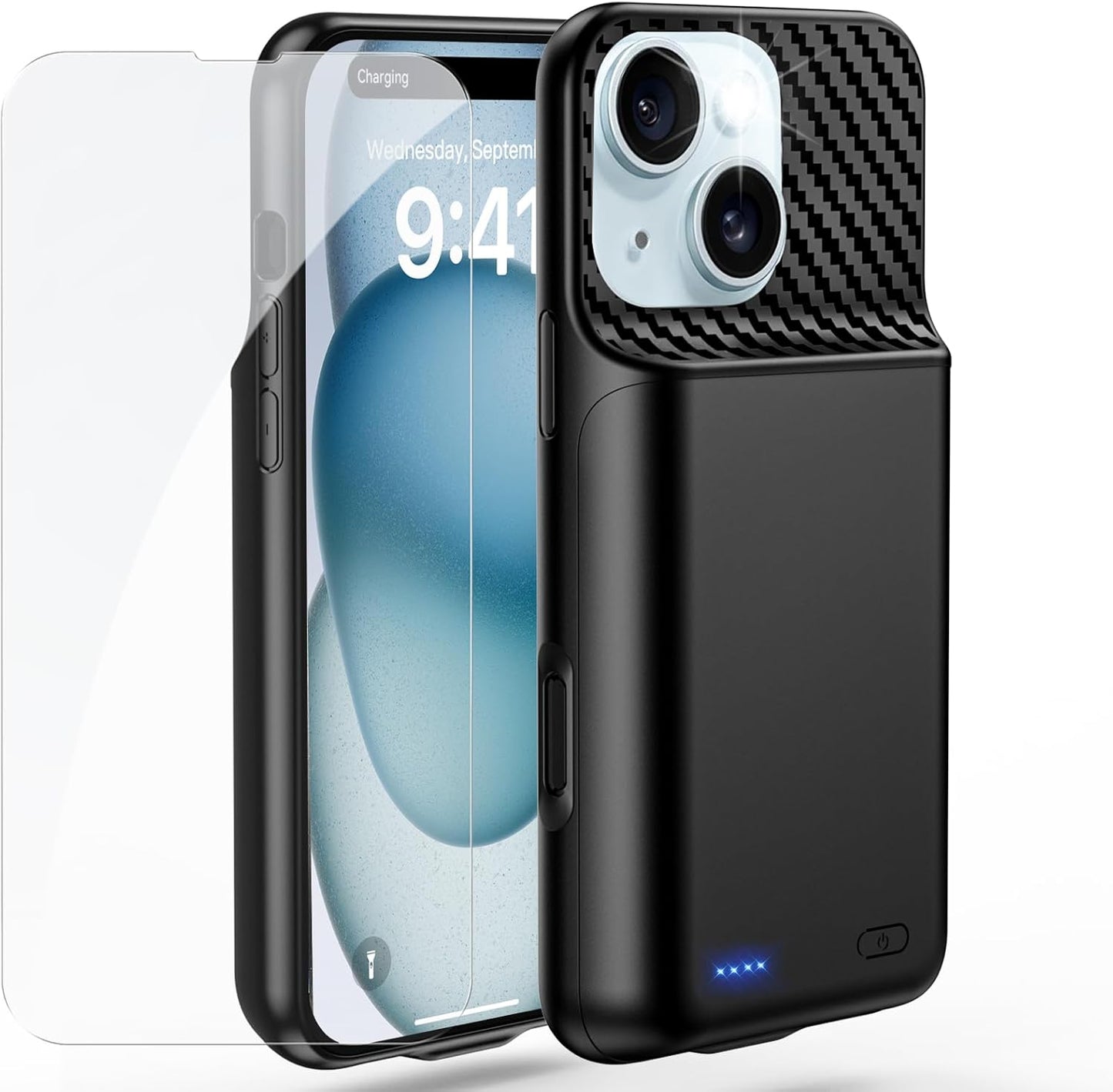Battery Case for iPhone 15 Plus (6.7 inch), 2025 Upgraded High Capacity 13800mAh Battery Pack Rechargeable Charger External Charging Case with Tempered Glass Screen Protector Black