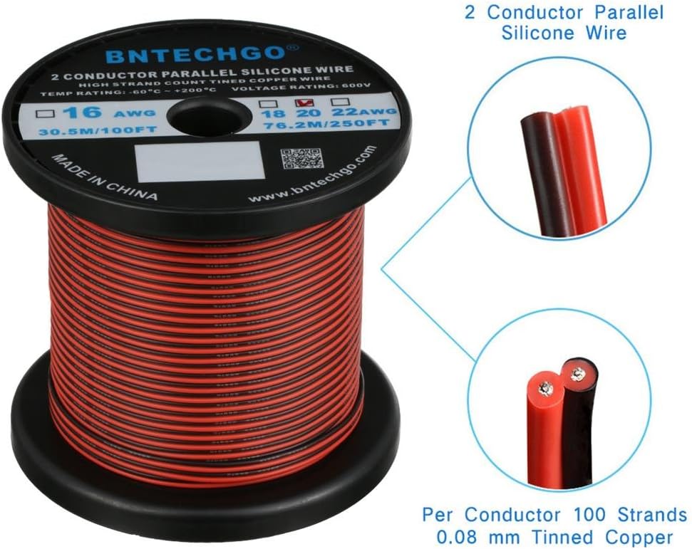 BNTECHGO 20 Gauge Flexible 2 Conductor Parallel Silicone Wire Spool Red Black High Resistant 200 deg C 600V for Single Color LED Strip Extension Cable Cord,Model,250ft Stranded Tinned Copper Wire