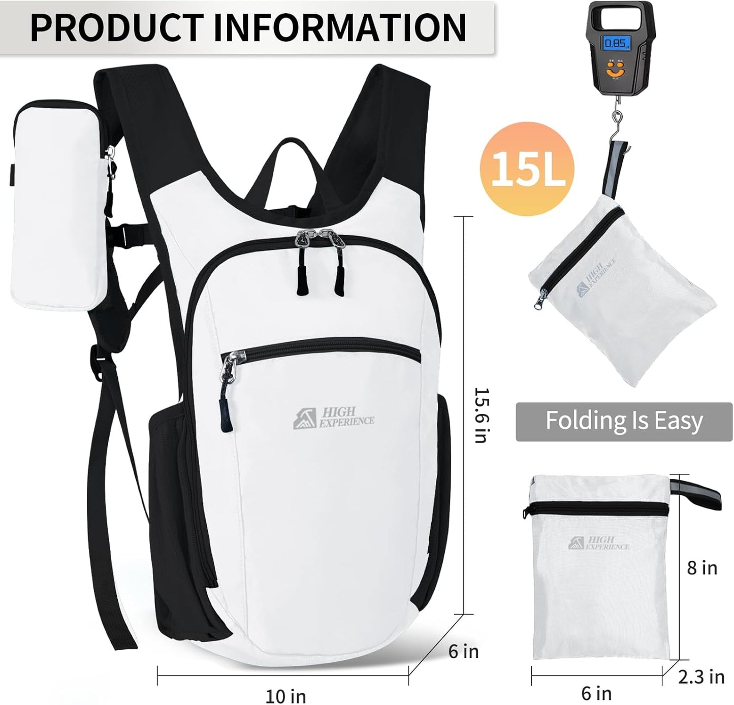 Hiking Backpack 10L/15L Small Daypack Lightweight Packable Travel Foldable Water Resistan for Women Men (White, 15L)