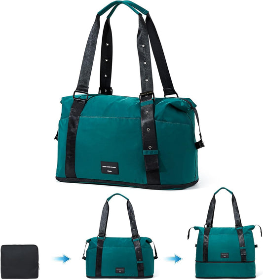 Hanke Expandable Tote Bag Foldable Duffle Bag for Travel Carry on Weekend Bag for Women with Adjustable Shoulder Strap Gym Bag for Men Garment Bag.（Jungle Green）