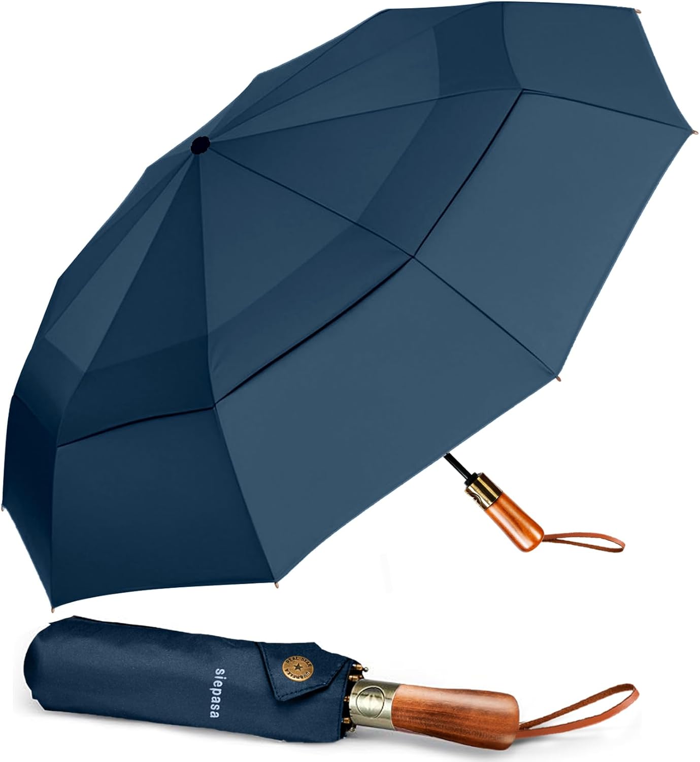 SIEPASA 49/54/62 Inch Windproof Golf Umbrella - Automatic Open/Close, Real Wood Handle - Large Folding Travel Umbrella for Wind, Rain & Sun Protection.
