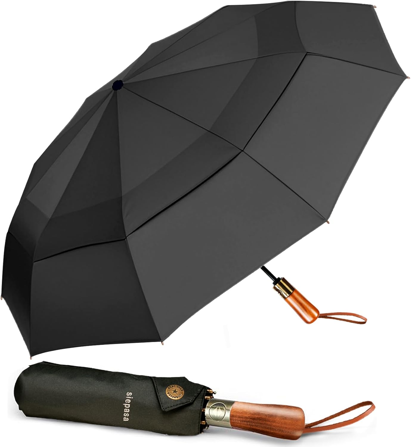 SIEPASA 49/54/62 Inch Windproof Golf Umbrella - Automatic Open/Close, Real Wood Handle - Large Folding Travel Umbrella for Wind, Rain & Sun Protection.