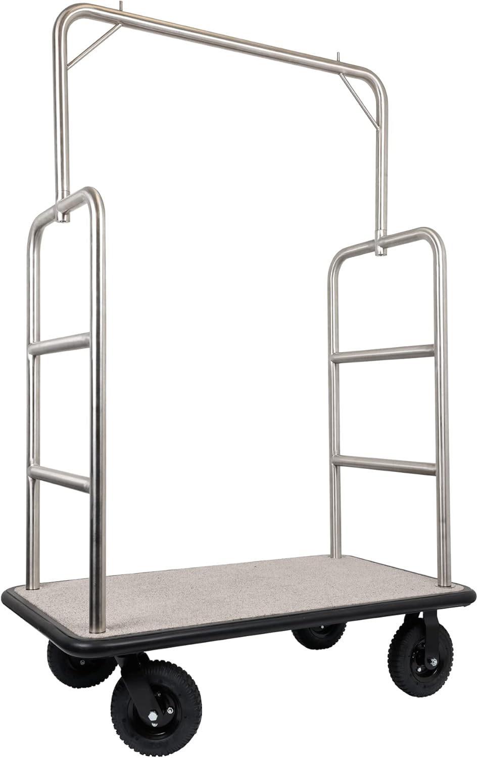 Stainless Steel Luggage Cart – Hotel Bellman Heavy Duty 1.5" Welded Steel Frame Valet Cart w/Grey Carpeted Deck & Rubber Wheels – Wheels for Travel & Outdoor Use - 1200 lb
