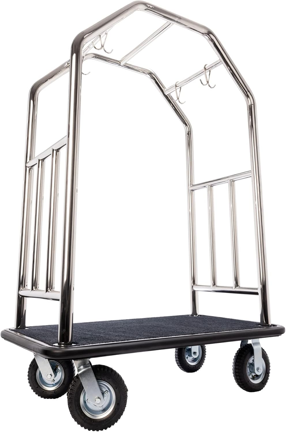 Grand Lux Stainless Steel Luggage Cart – Hotel Bellman Cart – 2" Welded Steel Frame Valet w/Plush Carpeted Deck, 8" Wheels – Ideal for Hotel Resorts, Large Events - 1000 LB