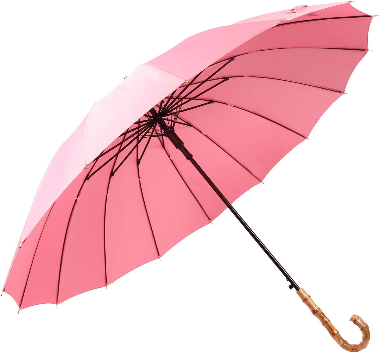 ThreeH Bamboo Stick Umbrella Auto Open Solid Color Fashionable and Simple 190T 16 Ribs,KS08 Pink