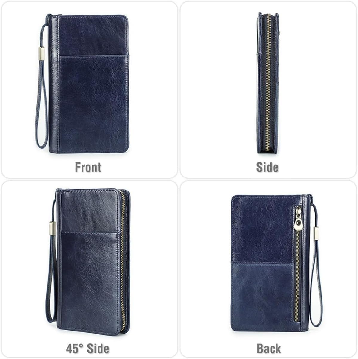 Unisex Genuine Leather Wallet Large Capacity RFID Blocking Passport Holder with Multiple Card Slots (Blue)