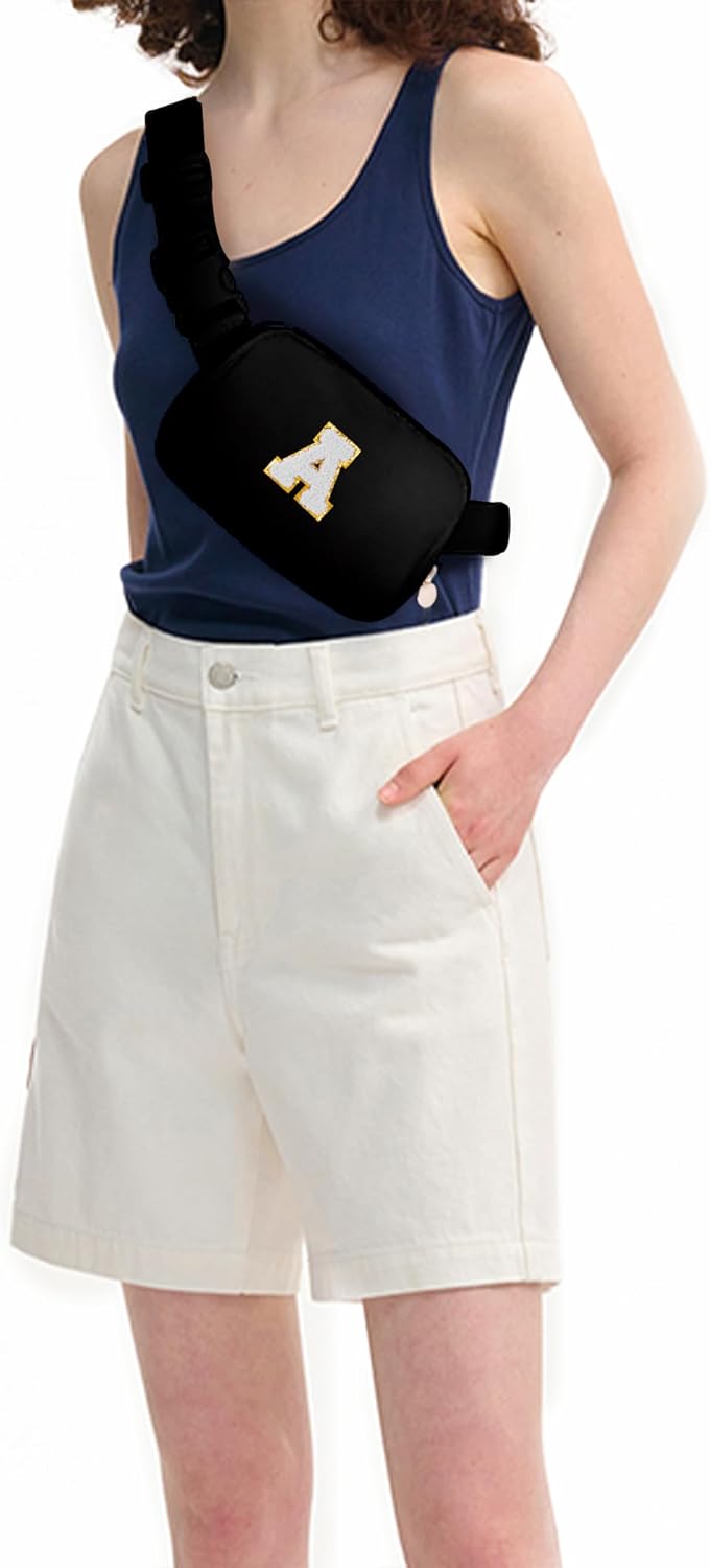 Belt Bag Crossbody Bags for Girls Women,Mothers Day Gifts for Mom from Daughter,Birthday Gifts for 8 9 10 11 12 13 Year Old Girl,Small Waist Packs Kids Fanny Pack,Initial White A,Black Bag