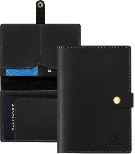 Jack&Chris Genuine Leather Passport Holder For Travel, RFID Blocking Handmade Passport Holder with Card Case Organized & Safe, Quality Travel Essentials for Women and Men for Gifting, Black