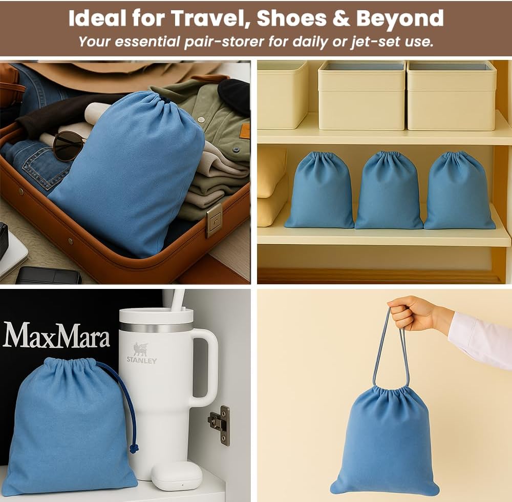LFH Cotton Rich Shoe Storage Bags with Drawstring, Dustproof Breathable Reusable Organizer, Perfect For Travel, Dorm, Hotel, College, Gym, Easy to Carry, Machine Washable 8"x17" (Pack of 2) - Sky Blue