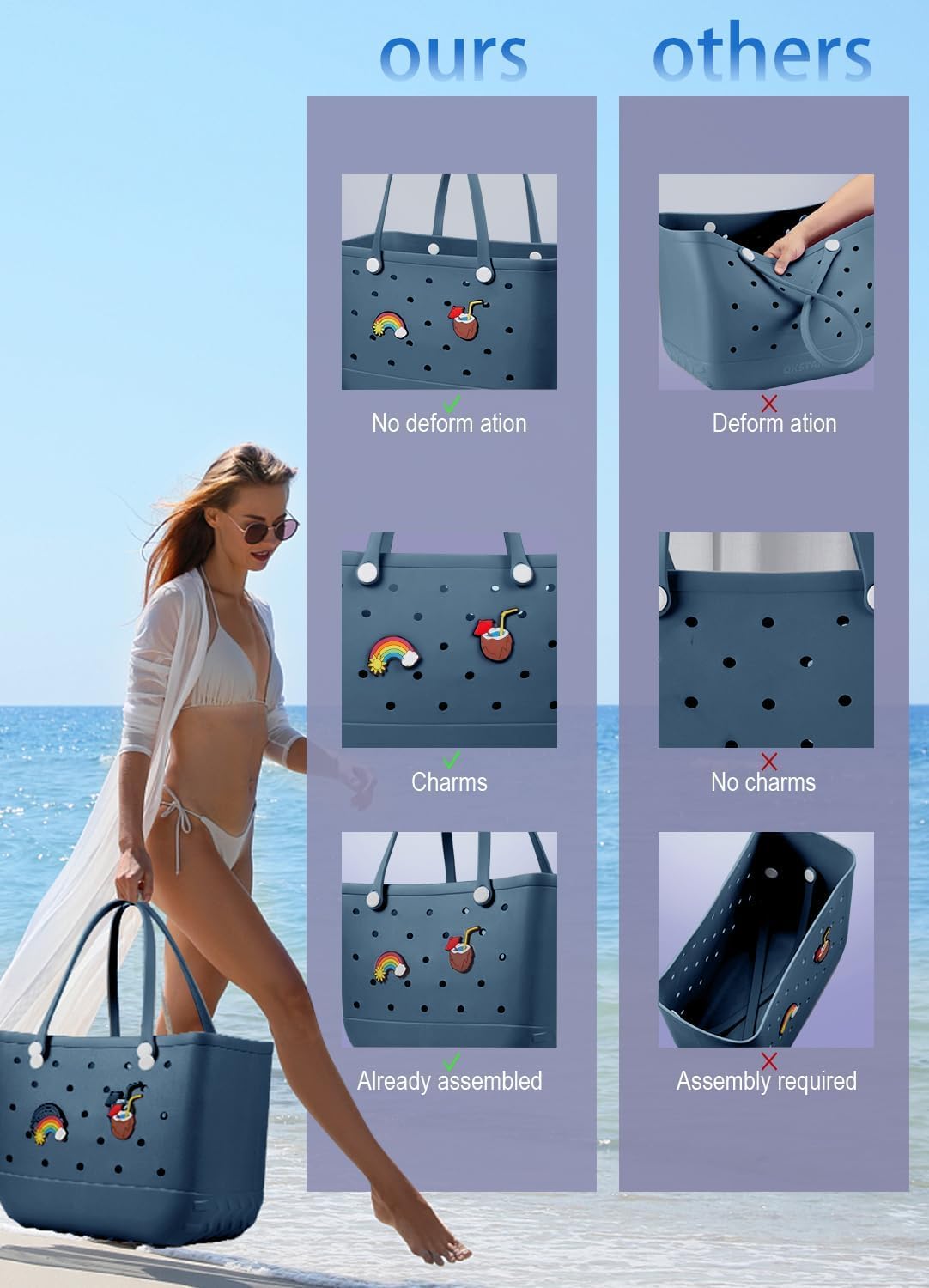 Beach Bag Rubber Tote Bag - Waterproof Travel Bag for Women Washable Tote Bag Handbag for Sports Beach Market Pool