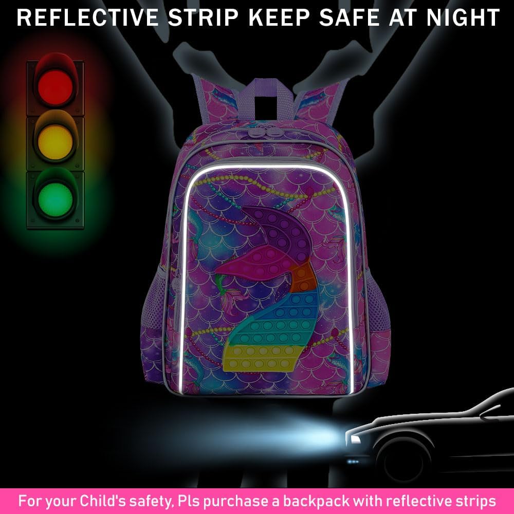 AGSDON 3PCS Mermaid Backpack for Girls, 16" Kids Backpacks with Lunch Box, Water Resistant Girl Bookbag for School Elementary