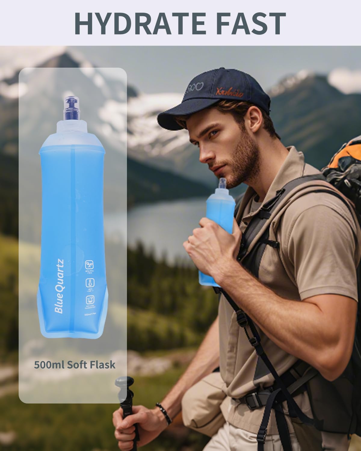 Blue Quartz 15L Hiking Backpack with Soft Flask, Ultralight Hiking Daypack with Chest Pockets for Phone Sternum Straps, Lightweight Foldable Packable Back Pack for Women Men(patent pending)