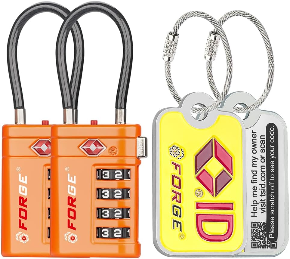 Forge TSA Approved Cable Luggage Locks with TSA008, 4-Digit Combination & Open Alert Indicator, Zinc Alloy Body, 2 Orange Travel Locks with 2 TSID Smart Lost & Found Tags for Luggage & Suitcase