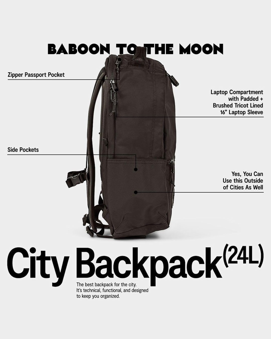 Baboon to the Moon City Backpack – Water Resistant Travel Backpack with Laptop Compartment, Lightweight Daypack for Men and Women, Work Back pack, Gym Bag, Bookbag