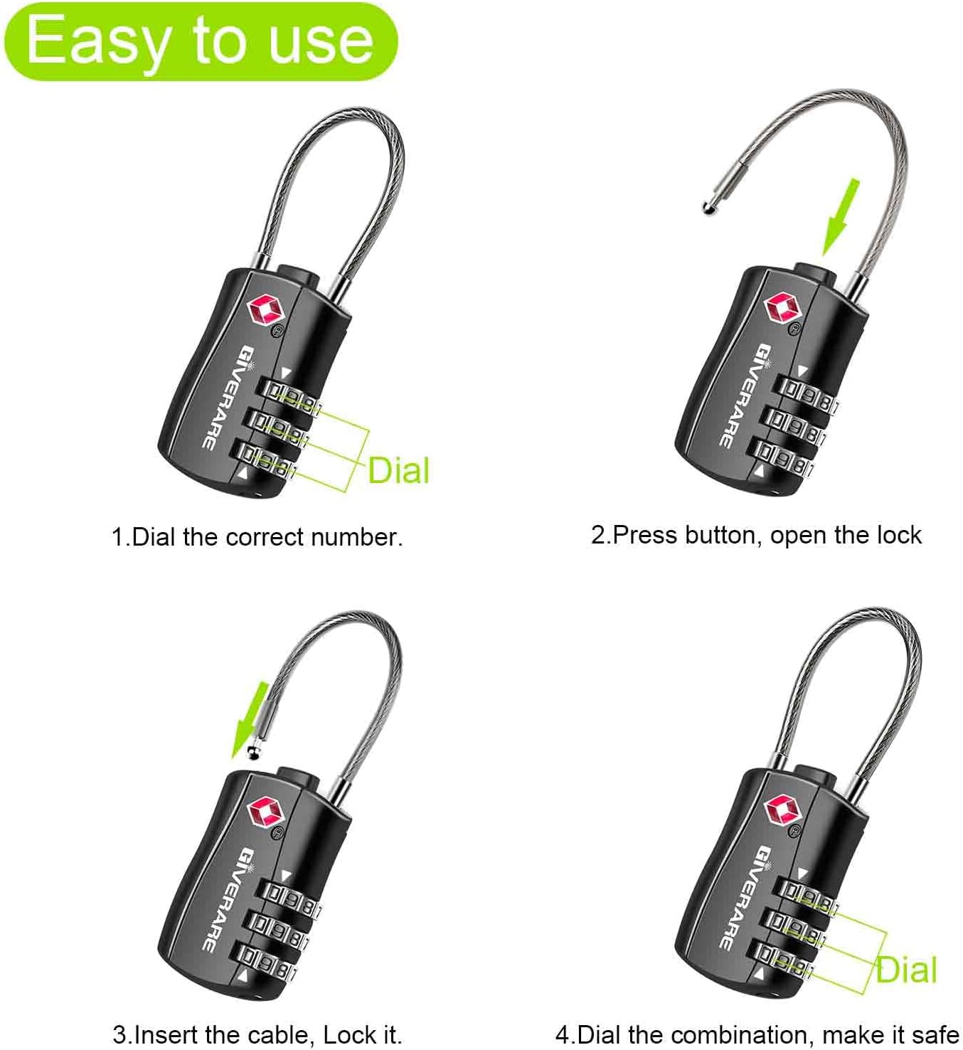 GIVERARE 4 Pack TSA Approved Luggage Locks, Combination Travel Cable Lock, Re-settable 3-Digit